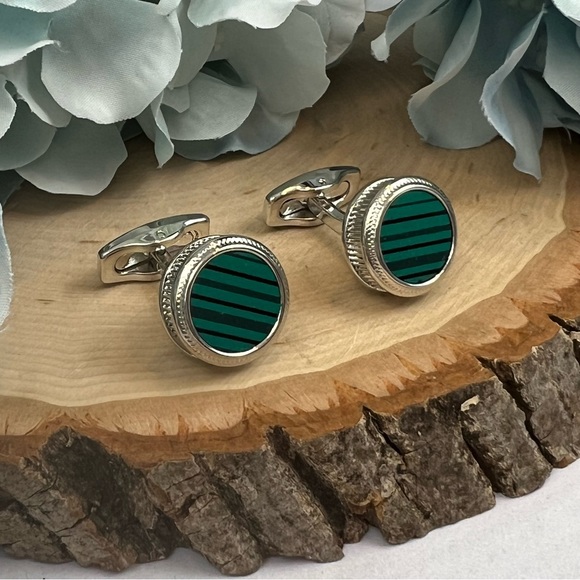 Stunning Green Malachite Round Silver Cufflinks - Picture 4 of 16